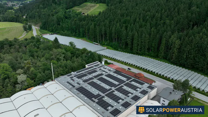 Luftaufnahme einer Photovoltaik-Dachanlage auf einem Betriebsgebäude am Waldrand